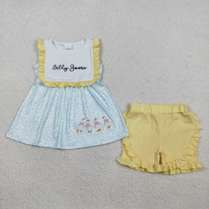 Ensemble d'été décontracté pour filles en gros : Tunique florale sans manches brodée avec nœuds Silly Goose et short à volants jaune pour enfants - Product Image 1