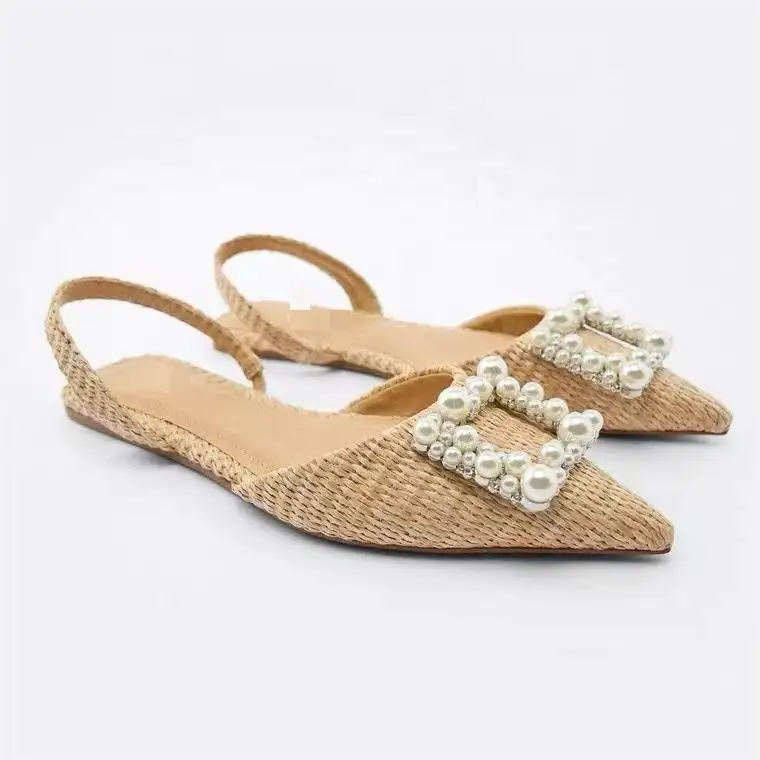Deleventh shoes Z-115954 fashion lady shoes stock beige elegant square pearl decoration woven flat slip on women shoes