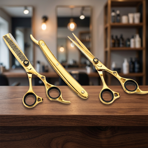 Ensemble de ciseaux de coiffure et de coupe de cheveux en acier inoxydable de qualité supérieure pour droitiers avec ciseaux à effiler, rasoir droit et étui - Product Image 2
