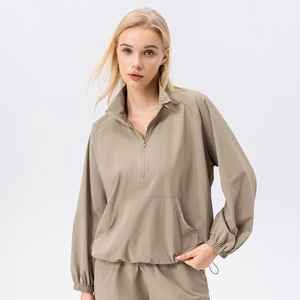 XW-42528 Hot Selling High Quality Ladies Active Wear Hem Drawstring <strong>Design</strong> Half Zip <strong>Sports</strong> Top Loose Fit <strong>Jackets</strong> for Women Gym - Product Image 1