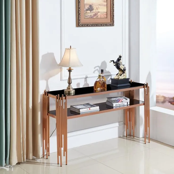 現代的な高級ガラストップローズゴールドカクテルテーブル、真ちゅう製のつや消しステンレススチールコンソールモダンデザインリビングルームソファ