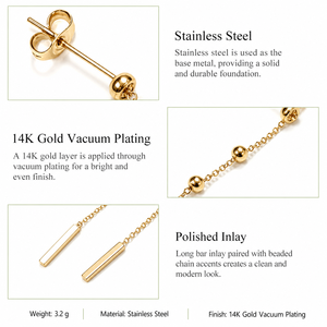 Pendientes de Cadena con Barra Redonda y Dijes, Acero Inoxidable, Chapado al Vacío en Oro de 14K - Product Image 2