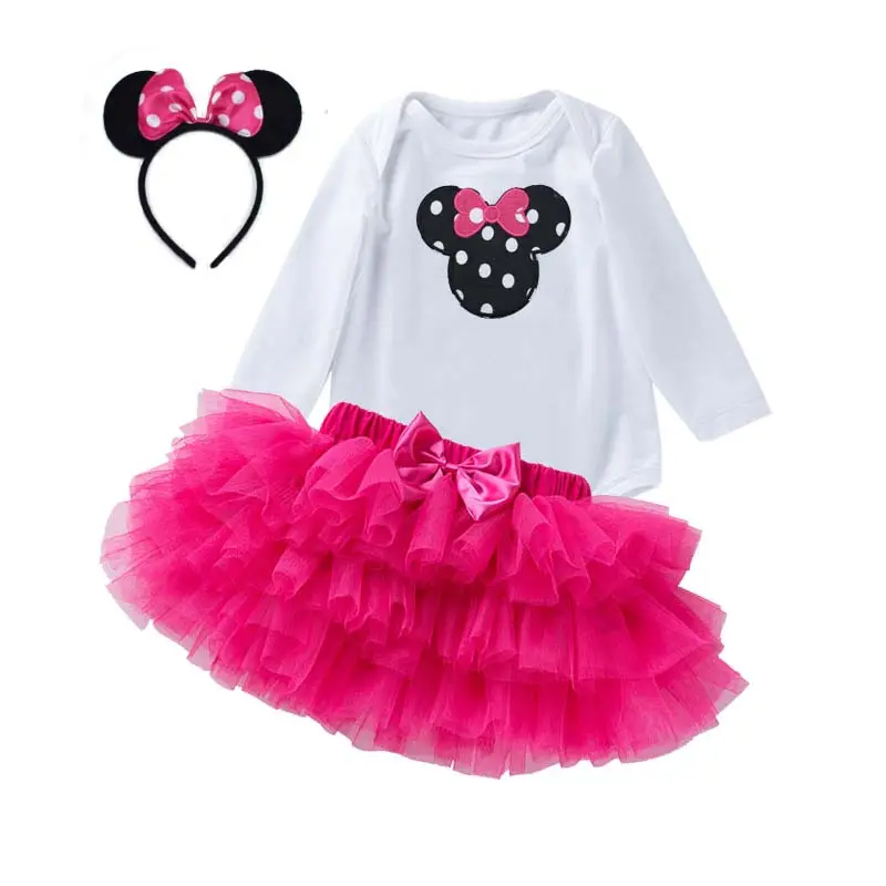 Vendita calda neonata 3 pezzi primo compleanno ragazza vestito manica lunga pagliaccetto e Minnie Tutu MBGO-008