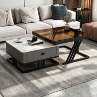 Juego de Mesa de Centro Retráctil Moderna y Lujosa, Soporte para TV, Mesas Nido de Piedra Sinterizada con Vidrio Tintado, 2 Cajones, Base de Metal, Estilo Italiano
