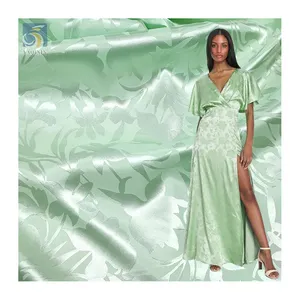 Light Green Glossy Shiny Charmeuse Satin Stretch Fabric 3 Spandex Leaf Floral Jacquard Design Satin Fabric