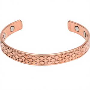Geometric Crosshatch <b>Grid</b> Engraved Magnetic Solid Copper Wristband Bracelet Fashionable <b>Metal</b> Jewelry Exquisite Design - Product Image 1