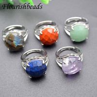 Bague ajustable en laiton avec cabochon rond en pierres naturelles (Lapis Lazuli, Œil de Tigre, Améthyste, Labradorite) pour Femme et Homme