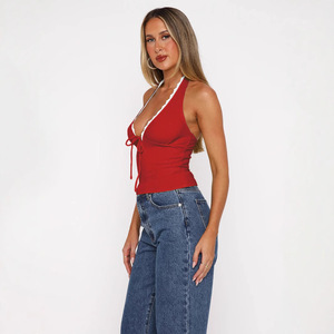 European American Style Casual Sexy <strong>Top</strong> for Girls Sensual <strong>Backless</strong> Tie Inner Slimming Design <strong>White</strong> Lace Trim Hot Halter Knitted - Product Image 2