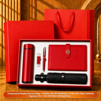 Coffret Cadeau d'Affaires 5 Pièces : Carnet en Cuir PU A5, Stylo Signature, Clé USB, Tasse Thermos, Parapluie Automatique, Logo Personnalisé