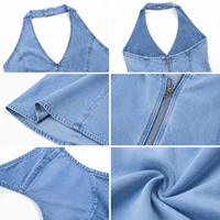 Robe longue en jean pour femme, col en V, dos nu, style licou, coupe trapèze, sans manches, ajustée, décontractée, pour l'été