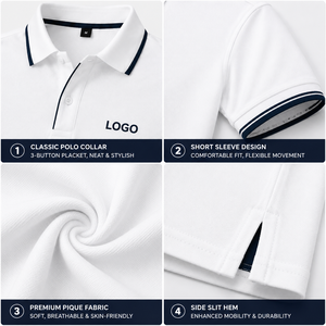 เสื้อโปโลแขนสั้นคอปกปิเก้ตัดสี ปักโลโก้ตามสั่ง เสื้อผ้าลำลองสไตล์ธุรกิจ สีขาว สำหรับผู้ชาย - Product Image 2