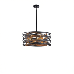 Lustre suspendu moderne rustique à 5 lumières, forme de tambour en métal et noyer noir, pour îlot de cuisine et salle à manger - Product Image 1
