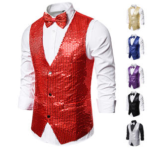 Saldi di Liquidazione Nuovi Arrivi Gilet Monopetto da Uomo con Scollo a V Senza Maniche con Paillettes Dorate per Matrimoni e Feste - Product Image 3