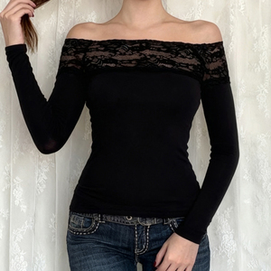 Camiseta de Manga Larga con Hombros Descubiertos y Parches de Encaje para Mujer, Ajustada, Elástica, Estilo Sexy, Color Sólido, Básica y Moderna - Product Image 4