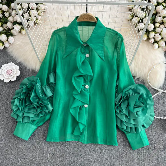 YM8846 Wholesale 2013 Korean Chic Candy Color Ruffles 3D Floral Loose Design Long Sleeve Shirt Blouse Shirt Tops 7