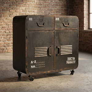 Industrial Antique Vintage 2-Door Storage Side <b>Board</b> Rustic Iron Finish Home Furniture <b>Wheels</b> Living Room Kitchen Farmhouse - Product Image 3