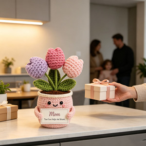 Plante en pot de tulipes au crochet fait main avec pot, décoration en fil pour la maison, cadeau - Product Image 3