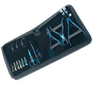 Kit d'extension capillaire bleu plasma avec outils en acier inoxydable : pince à ruban, pince à micro-anneaux, pince à bec effilé, pinces à cheveux, aiguilles - Product Image 1