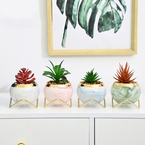 Maceta de Cerámica Mini para Suculentas <span class=keywords><strong>con</strong></span> Diseño de Dibujos Animados HY, Macetas para <span class=keywords><strong>Cactus</strong></span> y Plantas <span class=keywords><strong>con</strong></span> Soporte Metálico, Patrón de Mármol Sintético, Decoración de Escritorio y Suelo - Product Image 3