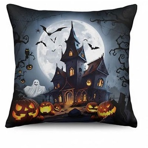 Housse de coussin décorative en velours côtelé pour Halloween, motif maison hantée, citrouilles, sorcières et chauves-souris, OEM/ODM pour la décoration intérieure - Product Image 3