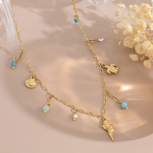 <span class=keywords><strong>Collana</strong></span> Trendy in Acciaio Inossidabile Placcato Oro 18K PVD con Tema Marino, Ciondoli a Conchiglia e Tartaruga, Perline Colorate e Catena Sottile a Graffetta - Product Image 6