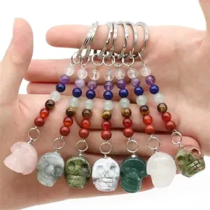 Crystals Healing Gemstone Accessories Natur Colorful 7 Chakra Mixed Quartz Crystal Skulls Key Chains For Gift