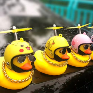 High Quality Small Yellow Duck Road Bike Motor Helmet Rider Toy Car Duck with Broken Wind Rubber Material Promotional Gifts