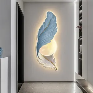 Pintura com luz LED para decoração de corredor, pintura de penas luxuosas, escultura fina, arte