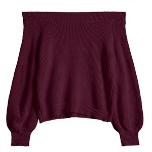 Pull en tricot côtelé à épaules dénudées pour femmes, manches lanternes, couleur unie, vêtements décontractés d'automne, 100% acrylique - Product Image 2