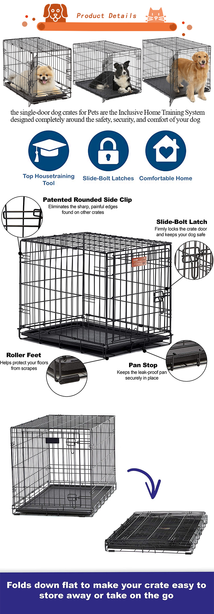 Breathable Large Metal Folding Metal Dog Crate With Gate