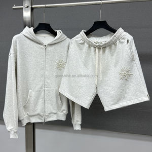 Custom Streetwear Pearl Sweatsuit Heavyweight Rhinestone Double <b>Zip</b> <b>up</b> <b>Hoodie</b> and Shorts Set Oversized Baggy Tracksuits Men - Product Image 3