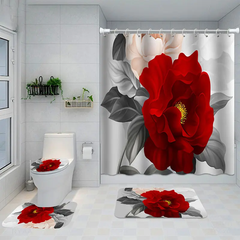 Hot Selling Red Flowers Waterproof Shower Curtain Set Home Deco