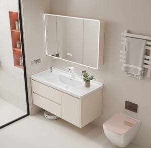 High Gloss Cream White Vanity Set Wall Mounted Double Drawer Single Door Smart Mirror - Product Image 2