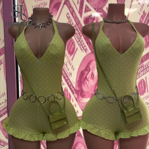Combinaisons mignonnes à pois pour filles, avec col en V froncé et bretelles, style bandage, mode estivale, coupe moulante - Product Image 1