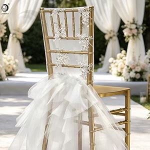 Coprisedia in <span class=keywords><strong>Tulle</strong></span> con Applicazioni in Pizzo e Gonna Arricciata per Cerimonie Nuziali con Sedie Chiavari Dorate - Product Image 3