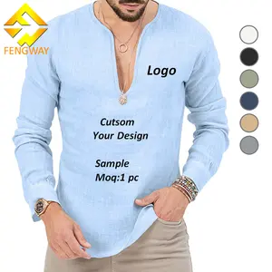 Fengwayカスタム無地長袖TシャツリネンスリムフィットTシャツトップスブランクディープVネックTシャツ男性用