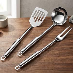 Lot de 3 ustensiles de camping et de voyage en acier inoxydable 201 résistant à la chaleur : petite pelle à manche plat, cuillère à soupe et fourchette à viande - Product Image 2