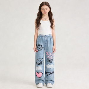 Pantaloni per Bambini con Stampa Cartoon, Jeans Vintage a Gamba Dritta per Ragazzi, Pantaloni <span class=keywords><strong>Cargo</strong></span> in Denim Strappati, Jeans Larghi per Ragazze Adolescenti - Product Image 5