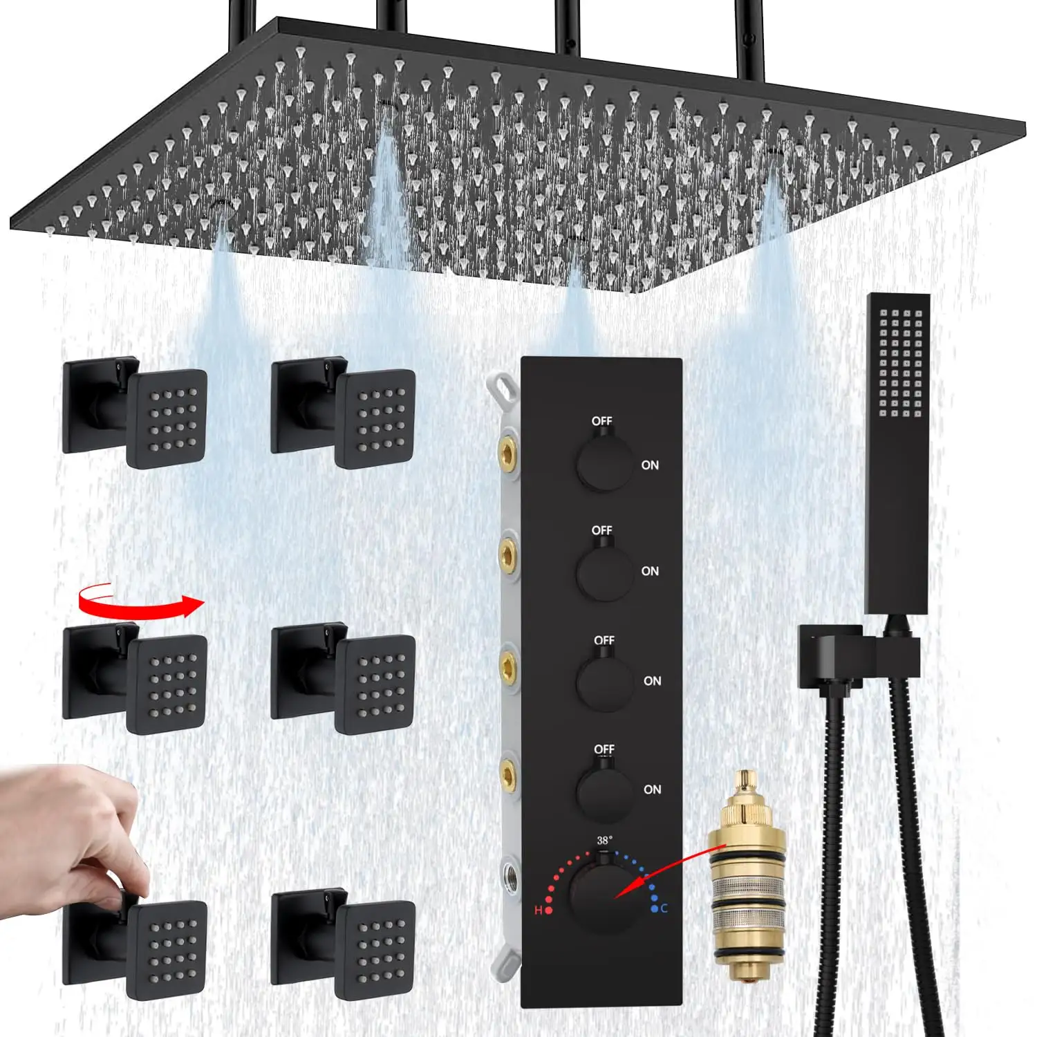 Modern Rainfall mist bath room Shower System 16 Inch Black Full Body brass Thermostatic Shower Head System set