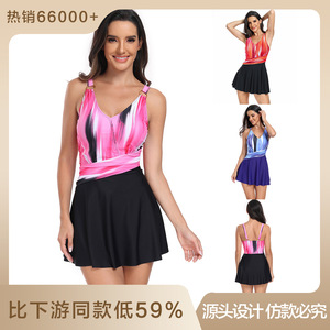 Traje de baño de dos piezas para mujer, cuello en V, color rojo rosa con dobladillo negro, traje de baño de talla grande para nadar y deportes acuáticos - Product Image 5