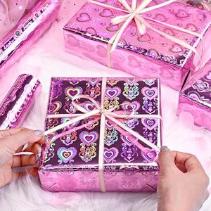 orignal pink and <b>red</b> holographic iridescent metallic hearts and bow foil wrapping <b>paper</b> for Valentine's Day and wedding - Product Image 2