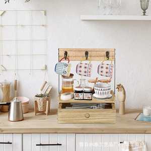 Wooden Coffee Cup Holder Rustic Desktop Mug <b>Rack</b> With Drawer <b>Storage</b> <b>Kitchen</b> Organizer Wall Mounted Type - Product Image 3