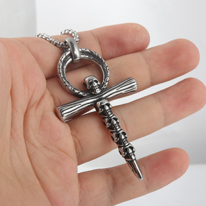 Stainless Steel <b>Cross</b> Pendant With Skulls Silver Necklace For Men Punk Style 24080 - Product Image 4