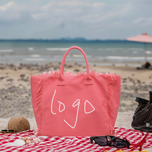 Pink <b>Canvas</b> Bohemian <b>Tote</b> Bag with Fringe Logo Design Large Capacity Open Top Handle Women Casual Daily Use - Product Image 3
