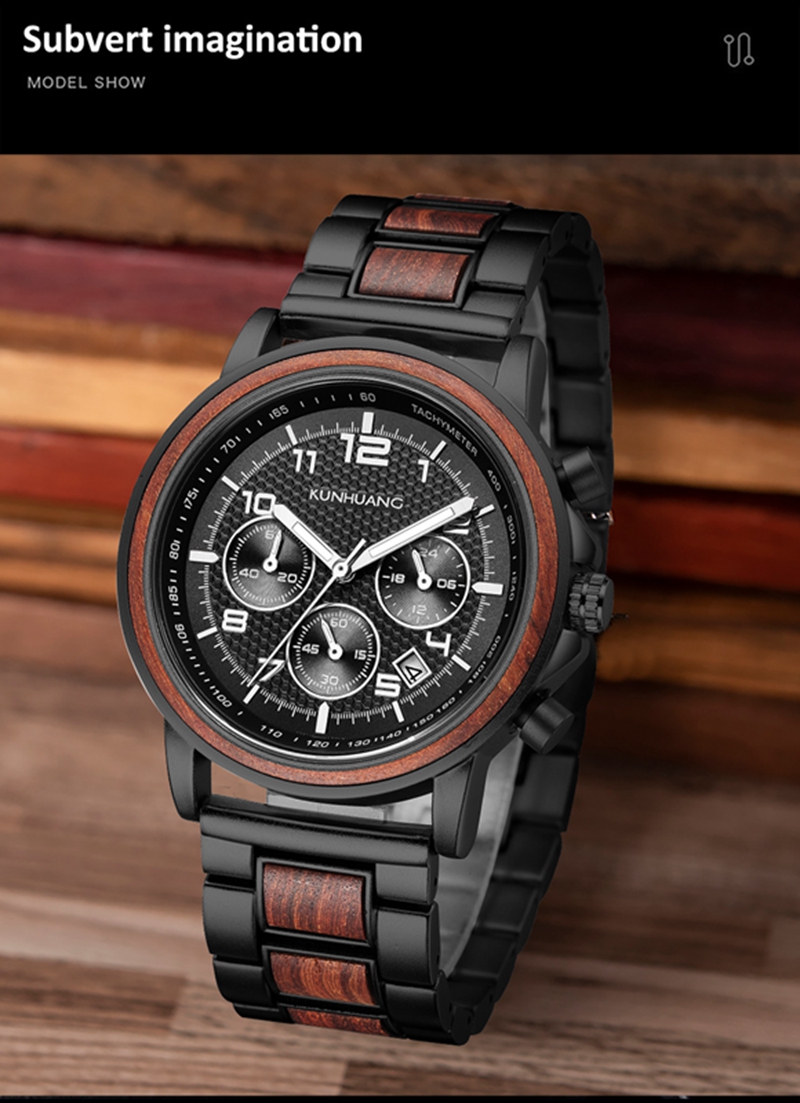 Kunhuang New Men's Calendar Watch Alloy Wood Waterproof Fashion Watch Independent Hot Sale Gift Chronograph Stop Watches