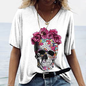 Nouveau T-shirt imprimé à manches courtes en laine respirante 3D avec motif de crâne gothique d'horreur d'été pour femmes et enfants, hauts tendance pour filles, tee-shirt cool - Product Image 5