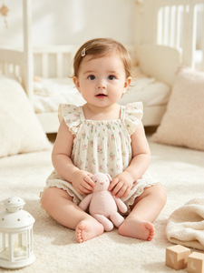 Ensemble 2 pièces d'été en mousseline pour bébé fille 0-18 mois : débardeur à volants et short bulle à nœud, motif floral, vente en gros - Product Image 2