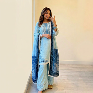 Conjunto Indio-Pakistaní Azul Bordado con Encaje, Dupatta, Kurta Estampada y Pantalones Palazzo, Ropa Festiva - Product Image 1