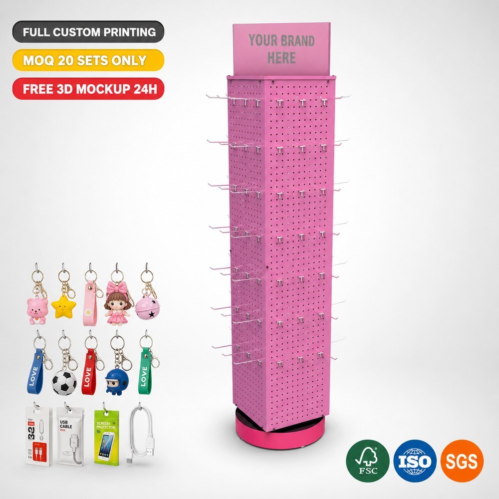 Wholesale Custom 4-Side Rotating Metal Pegboard Display Rack Floor Standing Rotary Stand Retail Shop Display Merchandising OEM