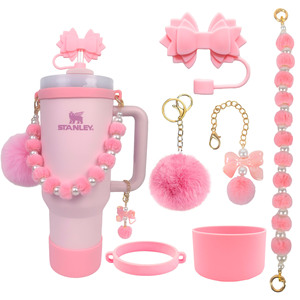 Juego de 6 accesorios para vaso: tapa de silicona grande con lazo, pajita, cadena para vaso con pompón de perlas y funda de silicona para Stanley de 40 oz - Product Image 2